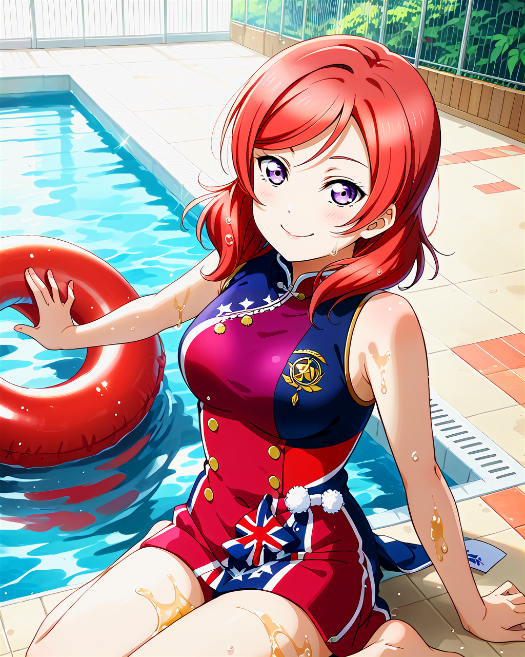 score_9, score_8_up, score_7_up, score_6_up, source_anime, looking at viewer, ((love live!, 1girl, nishikino maki, medium breasts, medium hair, purple eyes, red hair)) (Sitting on the edge of a pool, dipping toes in the water), (united nations blue pompom), (Oil refinery), smile, happy,  <lora:LLChar_Pony:0.8> love live!