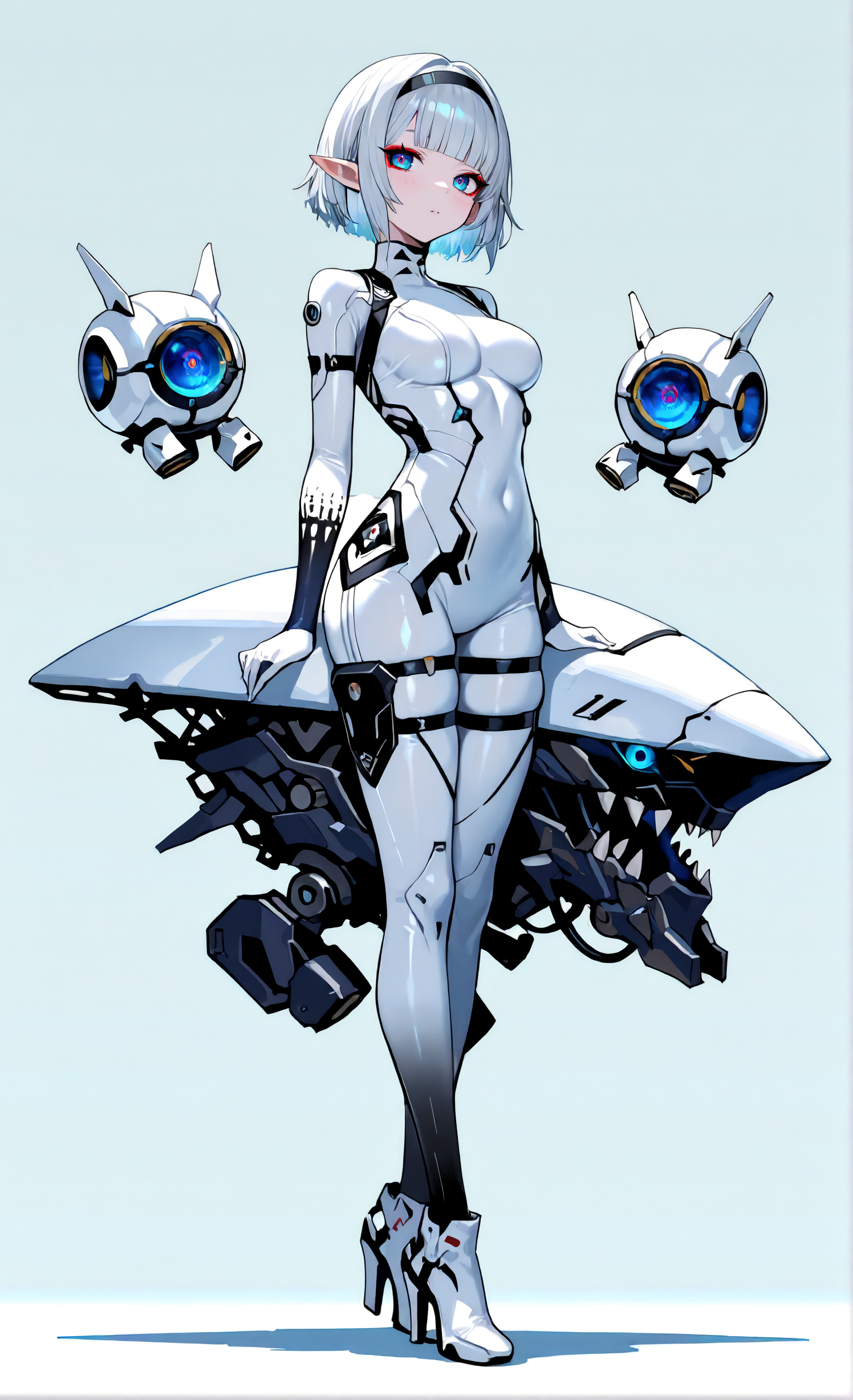 masterpiece, sharp detail, intricate detail, 1girl, pointy ears, gradient blue eyes, detailed eyes, short hair, silver hair, black hairband, medium breasts, white bodysuit,  white high heels, blunt bangs, full body, red eyeliner,  <lora:Improved Anime Drones:1>  non-humanoid robot, science fiction