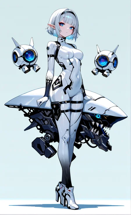 masterpiece, sharp detail, intricate detail, 1girl, pointy ears, gradient blue eyes, detailed eyes, short hair, silver hair, black hairband, medium breasts, white bodysuit, white high heels, blunt bangs, full body, red eyeliner, <lora:Improved Anime Drones:1> non-humanoid robot, science fiction