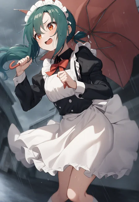 1girl,sincos, ningen mame, toosaka asagi,solo,medium breasts,20yo,maid,maid headdress,
cloudy sky ,floating hair ,leaning to the side,typhoon, storm ,raincoat,broken umbrella,umbrella,holding umbrella,rain,outdoors,wet,wind,wind lift, leaning forward, <lora:brokenumbrella_XL_v1:0.8>
from below, panorama shot, looking up, aqua hair, orange eyes,evil smile, middle ages street, open mouth, low ponytail hair,,
best quality, very aesthetic, absurdres