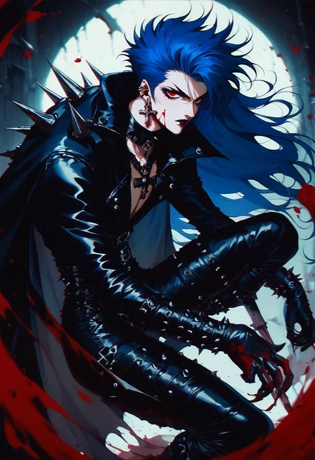 (score_9, score_8_up), score_7_up, long hair, goth, punk, eyelashes, claw, black latex glove, looking at viewer, red eyes, 1boy, jewelry, long latex boots, blue hair, male focus, earrings, cape, blood, cross, spiked hair, vampire, chaotic, retro
<lora:nostalgia-000011:0.9>