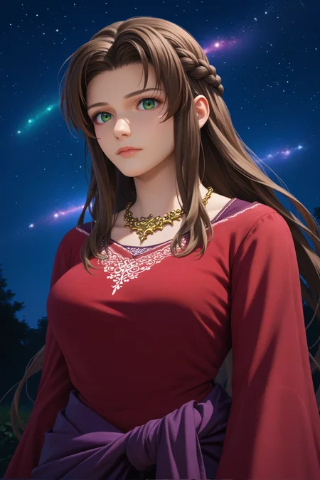 score_9, score_8_up, score_7_up, score_6_up, source_anime, 1girl, solo, <lora:ifalna-pdxl-nvwls-v1-000005:1> ifalna, brown hair, long hair, parted bangs, braid, green eyes, necklace, red dress, long sleeves, purple sarong, long dress, night, starry sky, upper body, portrait, large breasts, looking at you