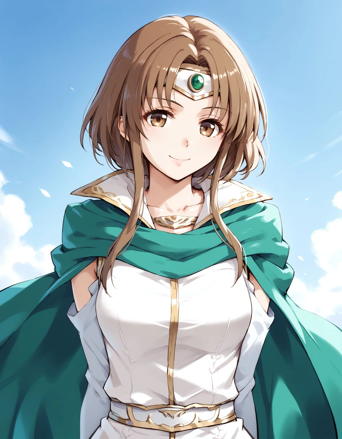 score_9, score_8_up, score_7_up, score_6_up, BREAK source_anime, best quality, masterpiece,
1girl,<lora:miranda fehPonyXL:0.8>,miranda feh,brown eyes,circlet,cape,bridal gauntlets,dress,upper body,standing,smile,looking at viewer,