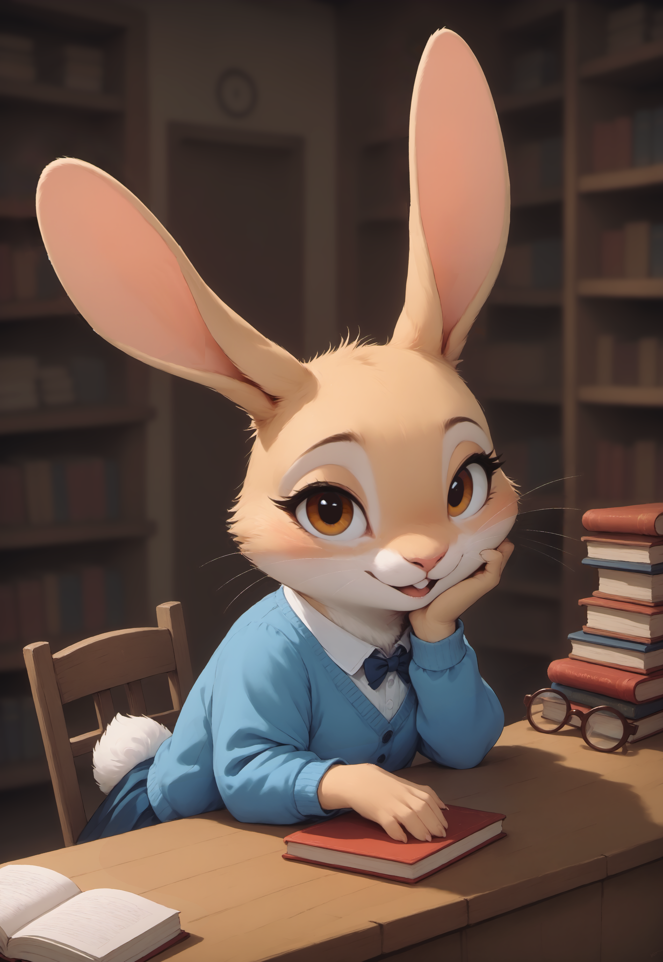 score_9, score_8_up, score_7_up, score_6_up, score_5_up, score_4_up, simple background,

rabbit, beige fur, brown eyes, glasses, cardigan, feral, cute,

leaning on counter, library, bedroom eyes, seductive, head in hand, open mouth, (looking at viewer:1.3), (high angle view:0.8), upper body, head focus, 
