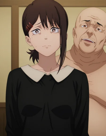 masterpiece, best quality, amazing quality,, <lora:kobeni-higashiyama-s1-illustriousxl-lora-nochekaiser:1>, kobeni higashiyama, higashiyama kobeni, black hair, hair ornament, hairclip, mole, mole under eye, ponytail, short hair, brown eyes, mature female, small breasts, anime screencap, <lora:faceless-ugly-man-illustriousxl-lora-nochekaiser:1>, faceless ugly man, faceless, ugly man, fat, faceless male, fat, bald, mature male,,