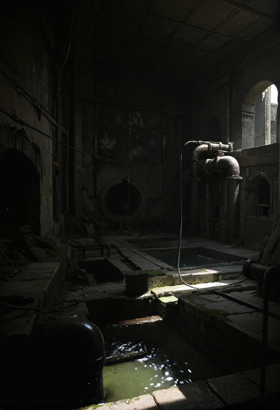 ,ruanyi0826,ruins,water,cable,indoors,drainpipe,dark,<lora:0826 abandoned sewer_v1_pony:1>, score_9,score_8_up,score_7_up,,8k,1girl,solo,,