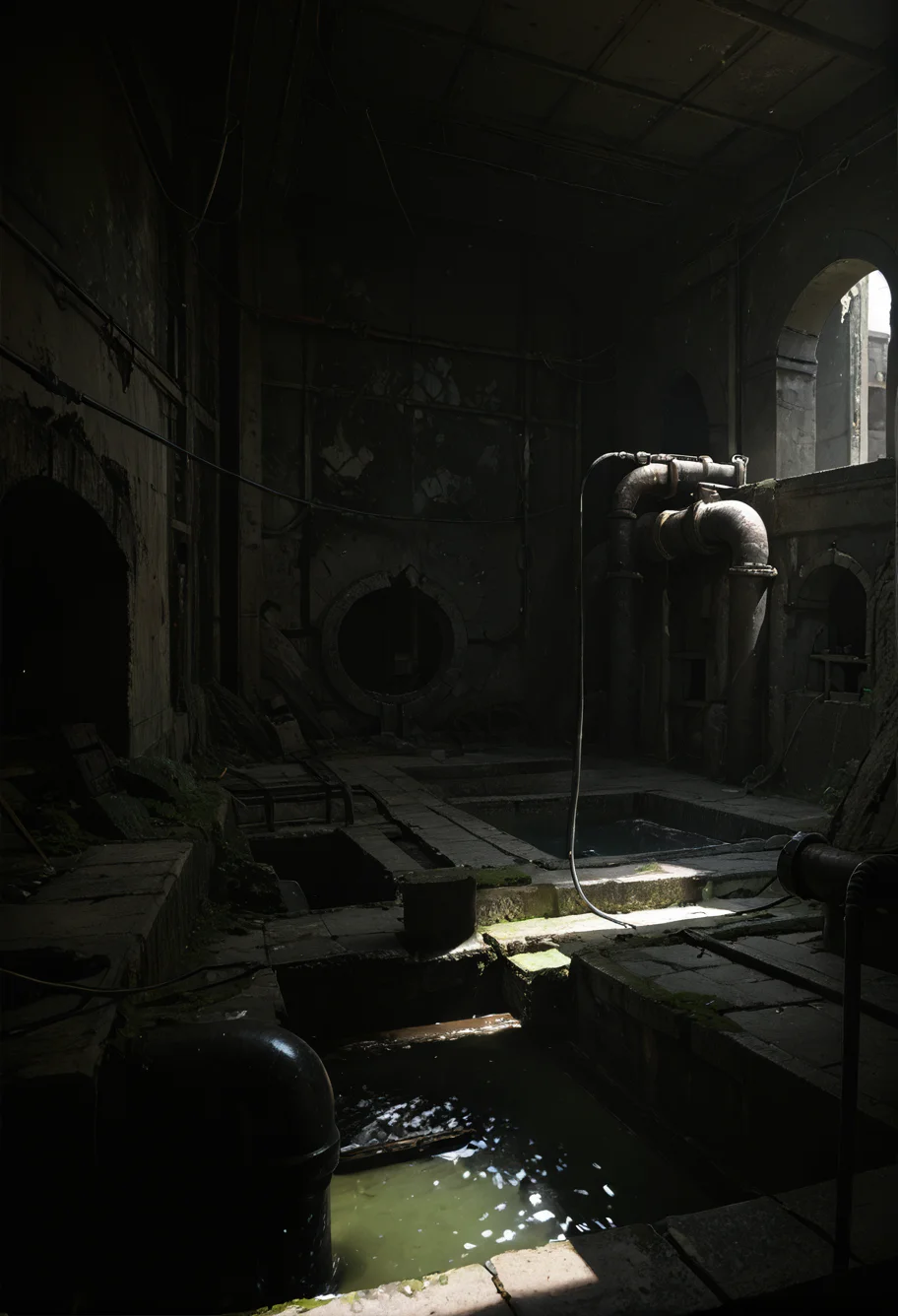 ,ruanyi0826,ruins,water,cable,indoors,drainpipe,dark,<lora:0826 abandoned sewer_v1_pony:1>, score_9,score_8_up,score_7_up,,8k,1girl,solo,,