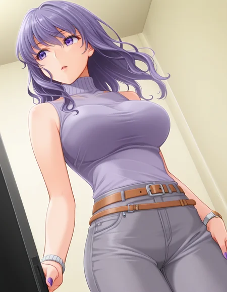 1girl, standing, looking back, from below, bare shoulders, collarbone, purple shirt, purple nails, sleeveless, belt, grey pants, turtleneck, wristwatch, taut clothes,
<lora:Konoha_Hatoko_LCD_v02:0.9> konohahatoko lcd, long hair,
masterpiece, best quality, amazing quality,