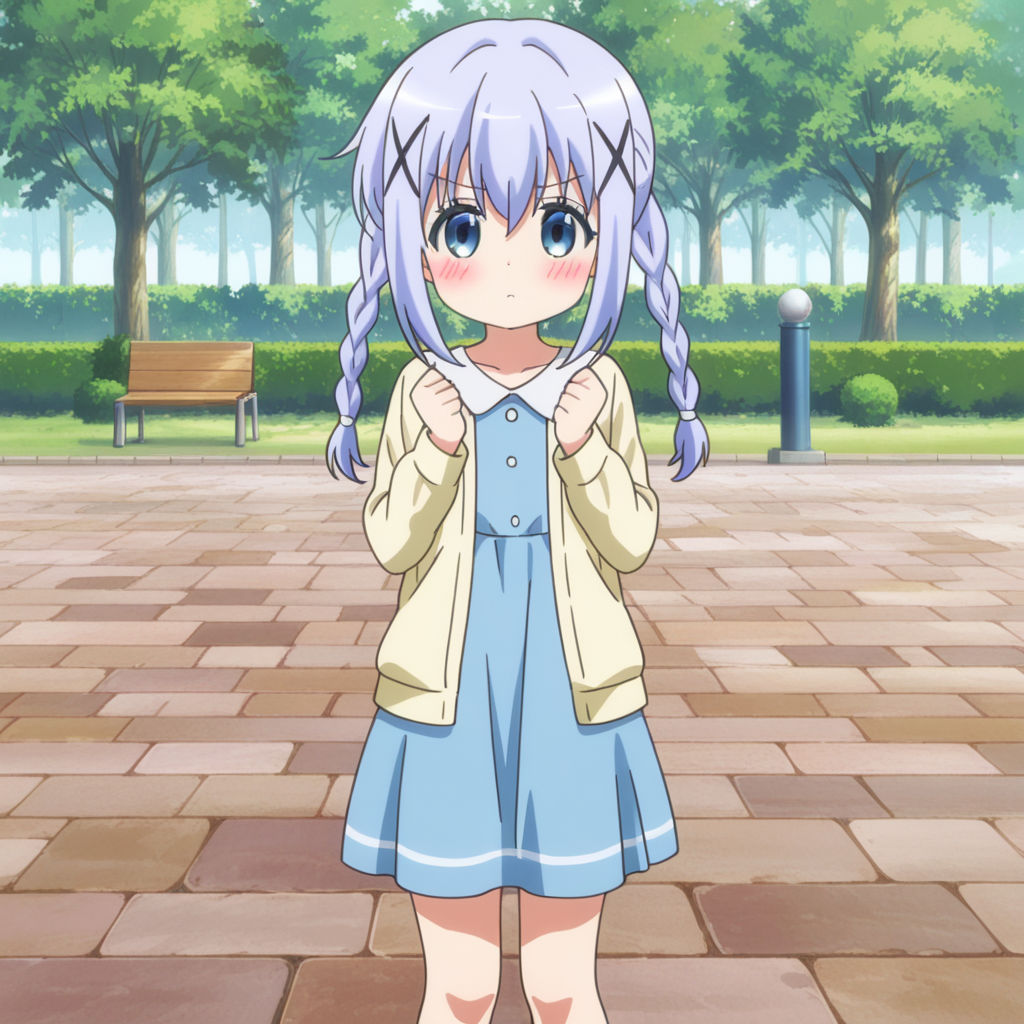 nsfw, masterpiece, best quality, amazing quality, 1girl, solo, is_the_order_a_rabbit_chino_kafu, standing, hands up, clenched hands, twin braids, blue eyes, x hair ornament, hair ornament, dress,blue hair, bangs, blush, long sleeves, blue dress, sidelocks, jacket, long hair, yellow jacket, looking at viewer, open clothes, open jacket, hair between eyes, twintails, light blue hair, outdoors, park, <lora:Chino_Kafu_-_Is_the_Order_a_Rabbit:0.7>