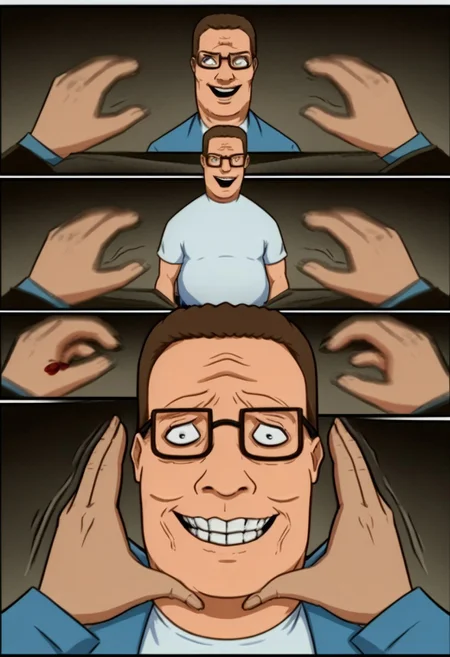incrssnootchallenge, comic, pov hands, motion lines, motion blur, 1boy, hank hill, white shirt, glasses, belt, blue jeans, psychotic smile, evil expression,  bulging eyes, smiling at viewer, blood on face, grin, evil smile, Sinister_Smile, shadow on the face, Yellow_Teeth, Macabre, Terror, Menacing_Smile, Disturbing_Expression, Grotesque_Style, Intense_Colors, Dark_Contrast,