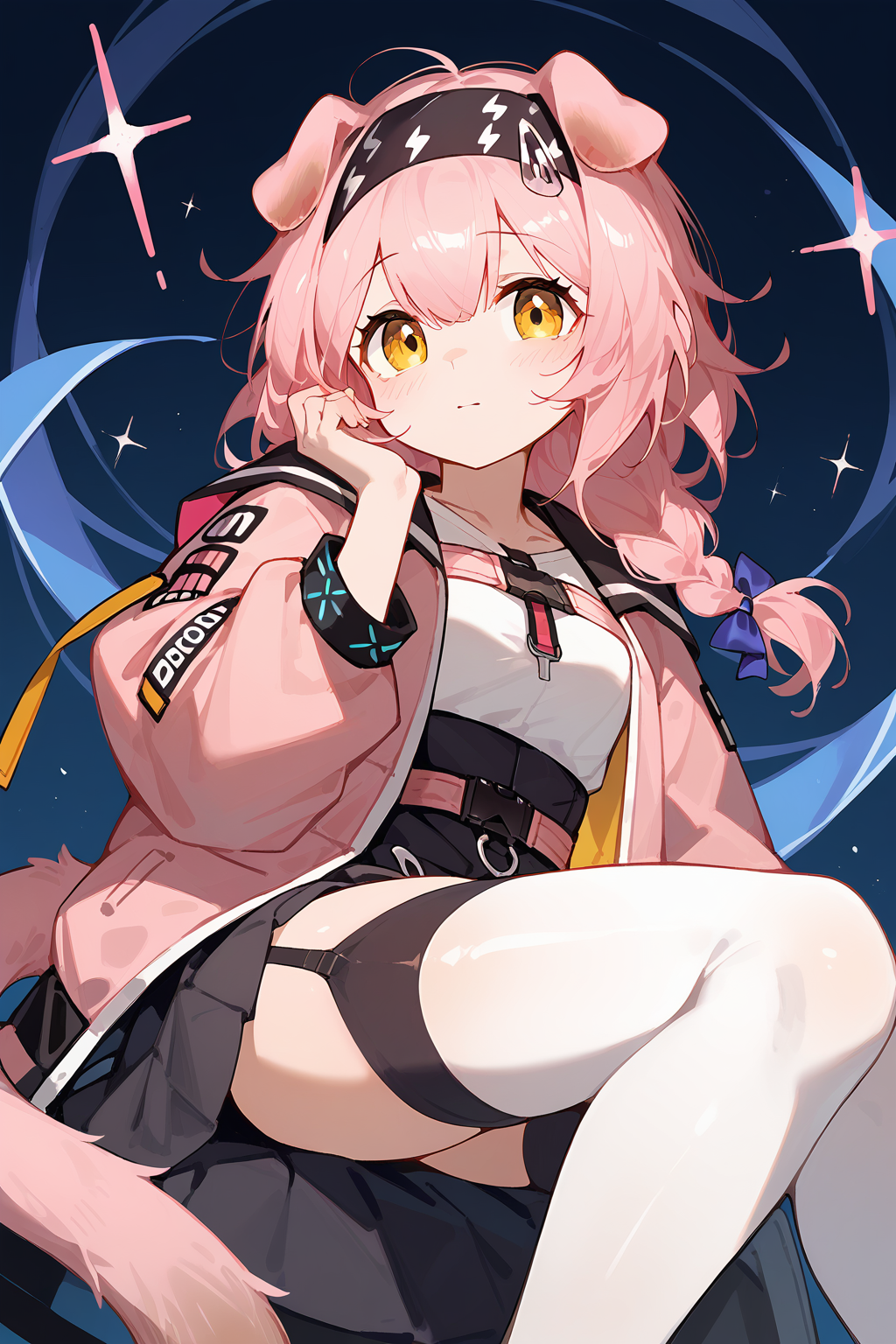 (score_9,score_8_up,score_7_up),<lora:Goldenglow(Arknights)-v1-000008:0.8>,goldenglow (arknights),1girl,solo,animal ears,yellow eyes,garter straps,cat ears,thighhighs,long hair,skirt,white thighhighs,braid,black skirt,pink hair,hairband,tail,cat tail,long sleeves,pink coat,jacket,pink jacket,bow,blue bow,looking at viewer,black hairband,cat girl,bangs,shirt,floppy ears,open clothes,open jacket,hair between eyes,white shirt,
good feet,anime,NSFW,expressive,amazing quality,ultra hd 32k,
