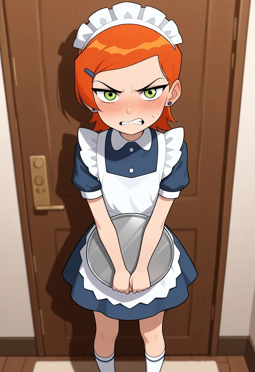 score_9,score_8_up,score_7_up,masterpiece,best quality,amazing quality,1girl, solo ,(front view, ),
Gwendolyn_Tennyson,Orange hair ,Green eyes, Maid outfit, short sleeves, maid headdress, white socks,
standing, looking at viewer, angry, blush, holding a tray, hand up,
