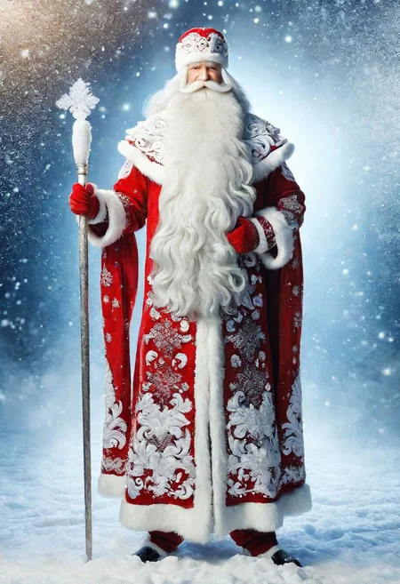 ((best quality)), ((masterpiece)), detailed soft oil painting, detailed background, soft edge lighting, professional, ultra quality, 4k,(masteriece, best quality, 8k, ultra highres, highres:1.4), extremely detailed,
((a strong man of 60 years old with a long snow-white beard in the image of Russian, slavic Ded Moroz))
(standing:2) (full body photo:2) in the snowy forest,
stands in a snowy forest among snow-covered fir trees,
in a white fur coat trimmed with swan down or sable fur, embroidered with traditional Russian ornaments in silver - stars, crosses, geese, drawing in the style of oil painting, medium brush strokes, khokhloma style, slavic style,
On the head is a traditional white warm boyar hat in the shape of a semi-oval, decorated with traditional Russian silver and pearl embroidery, trimmed with swan's down.
on her hands are huge white three-fingered mittens, decorated with traditional Russian silver embroidery.
The fur coat is tied with a white sash, embroidered with traditional Russian patterns.
On his feet are exclusively white felt boots embroidered with silver.
(((With his right hand he holds a long magical crystal staff with a twisted handle. The staff is decorated with a moon and a bull's head))).
looks at the viewer, cheerful calm kind look, kind smile, cheeks red from frost,
winter, a bright sunny frosty day, fluffy Christmas trees in snow, snow sparkles under the rays of the sun,
by Viktor Vasnetsov, by Vasily Surikov