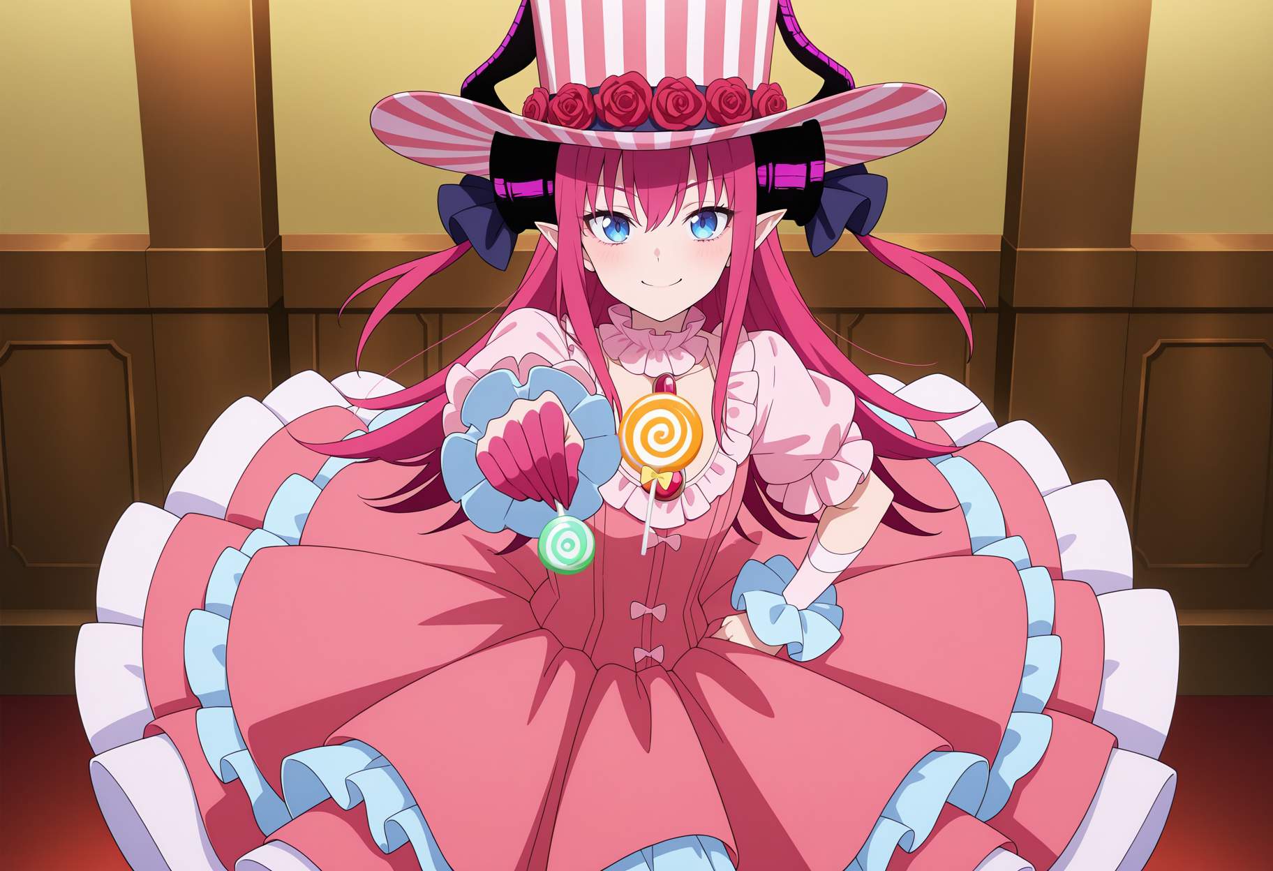 anime screencap, anime coloring, 1girl, 1girl, asymmetrical horns, blue eyes, long hair, pink hair, pointy ears, pink claws, dragon tail, short dress, pink dress, rose, striped hat, top hat, too many frills, holding lollipo, swirl lollipop, offering to viewer, smile, indoors <lora:Liz_illus:1>, masterpiece, best quality, amazing quality, very aesthetic, absurdres, highres, newest