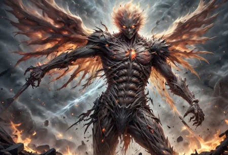 score_9, score_8_up, score_7_up, rating_explicit, intricate detail, chromatic aberration, realistic, detailed face, detailed legs, correct anatomy score_9,score_8_up,score_7_up,score_6_up,ciprealism, (masterpiece:1.2, best quality, ridiculous resolution, ultra detailed ),realistic ,painting,female angel (wings), ((flaming sword in hand)),extremely delicate and beautiful face, detailed face, realistic skin, (pale skin), action ((angel swings sword at demon)) 1 demon ((huge)), ((looks like an eerie spawn of hell)) (size difference: 1.4), divine bright night: 1.2), battle between good and evil, ((apocalyptic picture)), perspective, far, near, side, top, bottom