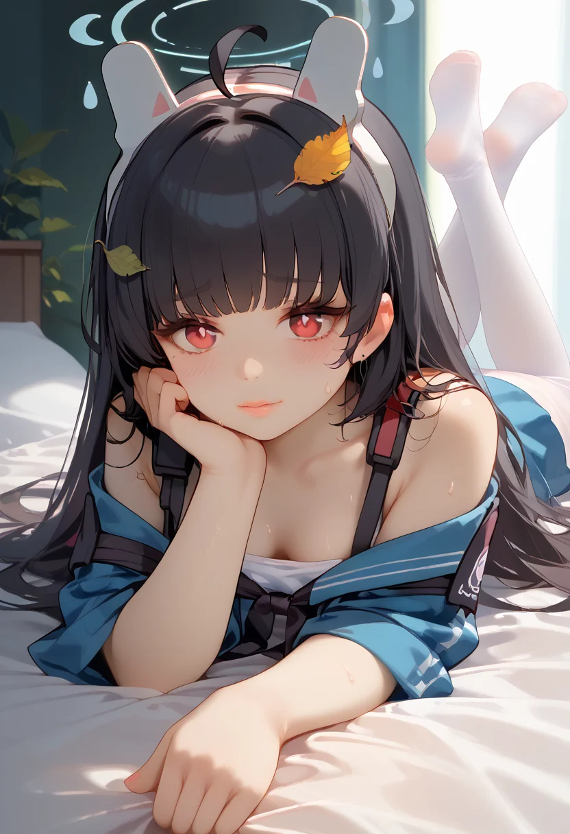 score_9,score_8_up,score_7_up,source_anime,SimpleNegativeV3,solo,1girl,<lora:miyu_blue archive_PONY_last:1>,miyu \(blue archive\),red eyes,black hair,leaf on head,ahoge,fake animal ears,halo,white pantyhose,pantyhose,no shoes,<lora:xuegao:0.7>,
<lora:proneXLP:1>,prone,on stomach,lying,the pose,
wide lips,Fleshy lips,blush,seductive smile,looking at viewer,sweatdrop,sweaty skin,
sunlight,on bed,
<lora:Expressive_H:0.65>,expressiveh,<lora:incase-ilff-v3-4:0.5>,<lora:princess_xl_v2:0.3>,