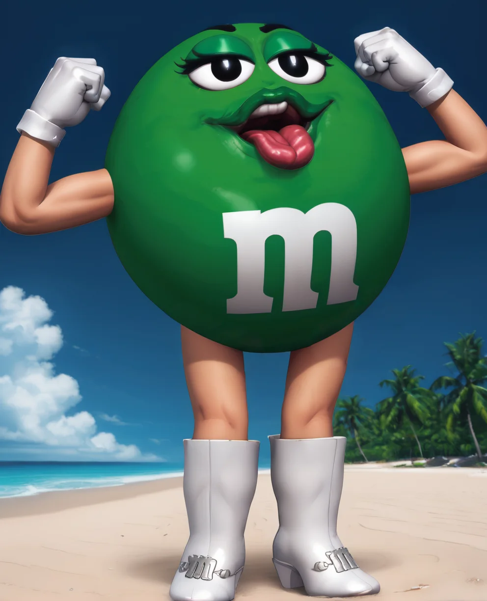 msgreen,white gloves,black eyes,m,clenched hands,wide mouth,
standing,white boots,green eyeshadow,open mouth,tongue out,fat tongue,
from below,
beach resort,green skin,
<lora:MsGreen:1>,
