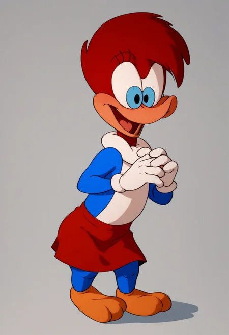 score_9, score_8_up, score_7_up, winnie woodpecker, estabilishing shot, red hair, full body, cute, blue skin, white underbelly, red skirt, white gloves