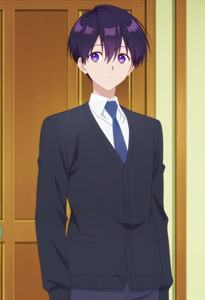 masterpiece, best quality, anime screencap, official style, anime coloring, cowboy shot, 1boy, solo, male focus, <lora:yuuki_izumi_ilxl:0.96>, yuuki_izumi, purple hair, purple eyes, short hair, bangs, hair between eyes, white shirt, collared shirt, blue necktie, school uniform, black jacket,