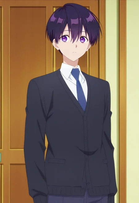 masterpiece, best quality, anime screencap, official style, anime coloring, cowboy shot, 1boy, solo, male focus, <lora:yuuki_izumi_ilxl:0.96>, yuuki_izumi, purple hair, purple eyes, short hair, bangs, hair between eyes, white shirt, collared shirt, blue necktie, school uniform, black jacket,