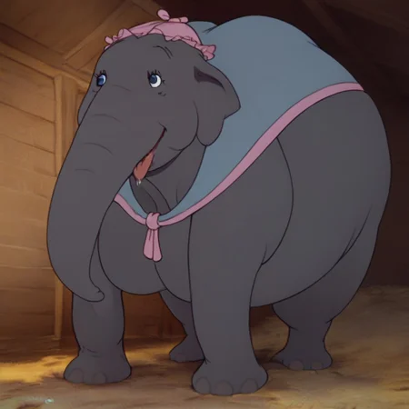 score_9, score_8_up, score_7_up, score_6_up, masterpiece, best quality,
(solo), 
(female elephant:1.2), (mrs jumbo:1.4, mrs. jumbo), pink hat, (blue shawl with pink fringe), tail, trunk, (elephant trunk), 
stable setting, stable background, hay floor,  
, /stalliona, dorse, 1girl, solo, tongue, tongue out, saliva, big lips, huge breasts, (hyper breasts), ((massive breasts)), saggy breasts, (fat belly), sunken abs, love handles, thin waist, massive hips, extra wide hips, (hyper butt), fat butt, doughy ass, perfect round ass, giant ass, huge ass, fat ass, gigantic ass, hyper ass, bubble butt, bottom-heavy (thick thighs:1.5), thick thighs, lipstick,