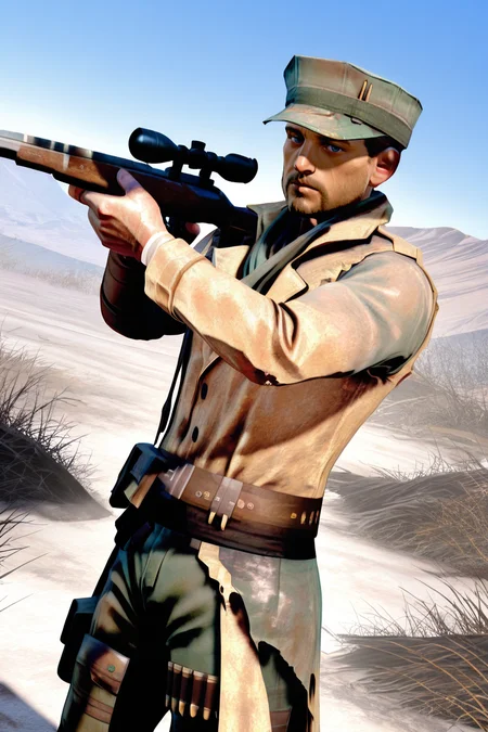 score_9, score_8_up, score_7_up, score_6_up, perfect anatomy, perfect proportions, best quality, masterpiece, high_resolution, high quality, best aesthetic, incredibly absurdres, highres, extremely detailed, huge filesize, solo male, adult, mature, masculine, manly, handsome, charming, alluring, standing, upper body, dutch angle, cowboy shot, perfect face, source_game \(Fallout 4\), official style \(Fallout 4\), Robert MacCready\(Fallout 4\), FO4MacCready, brown hair, short hair, blue eyes, facial hair, beard, MacCready_Outfit, white undershirt, tan duster coat, heavily damaged leather duster, green scarf, utility cover, utility cap with two rifle rounds, combat webbing sling, olive green fatigues pants, tactical pouch on right thigh, leg bandolier, Fallout 4 location, post-apocalyptic ruins, desolated landscape, dark blue sky, fighting stance, rifle, aiming, closed-up, headshot