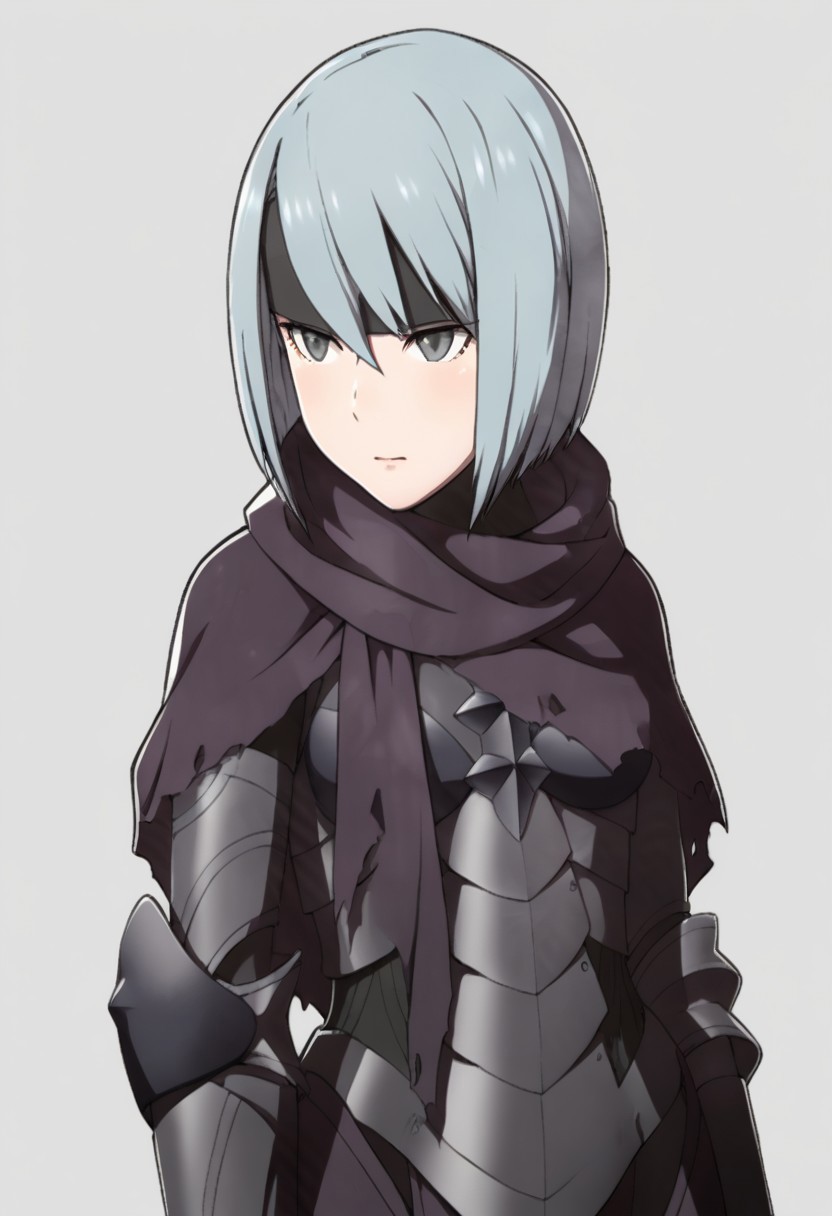 high quality, beruka, medium breast, light blue hair, gray eyes, armor, gauntlets,