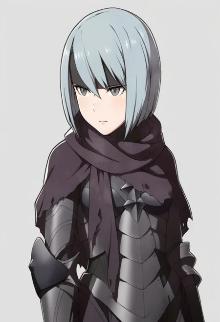 high quality, beruka, medium breast, light blue hair, gray eyes, armor, gauntlets,