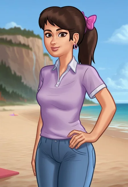 score_9, score_8_up, score_7_up, score_6_up, score_5_up, score_4_up, ((low depth of field)), <lora:SummertimeSagaXL_Pony:0.4>, (Drawn in the style of summertime saga), (beautiful landscape),
BREAK
<lora:stsMia-10e:0.7>, stsmia standing on beach, 1girl, small breasts, brown eyes, brown hair, ponytail, hoop earrings, pink bow, collared shirt, purple shirt, short sleeves, jeans, looking at viewer