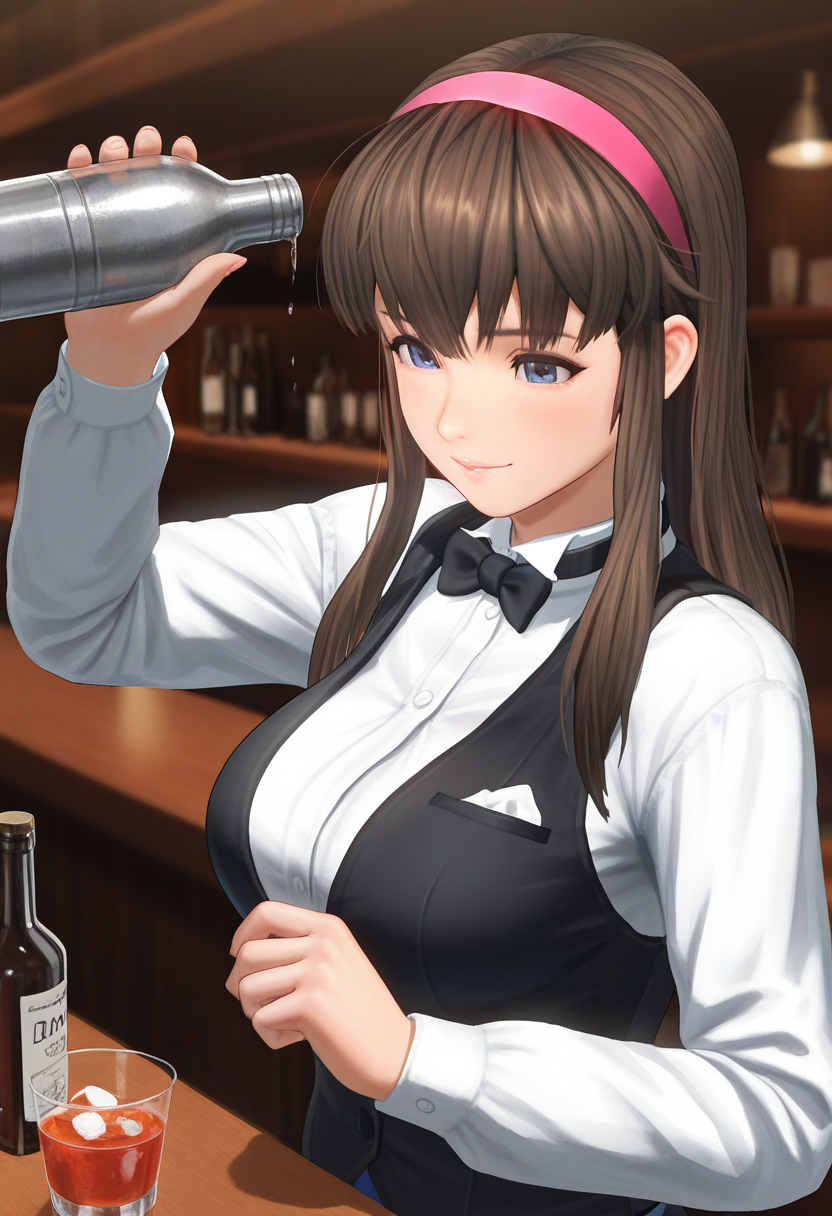 masterpiece,best quality,amazing quality,very absurdres,aesthetic,newest,impactful picture,offcial art,movie perspective, hitomi\(doaxvv\),deep blue eyes, pink lips, brown hair, blunt bangs, long hair, hair behind ear, sidelocks, pink hairband,  bartender, shirt,long_sleeves,  bowtie,black vest,holding shaker,bottle,glass,alcohol, large breasts, night,dark,bar,foreground cocktail,blurry_background,blurry_foreground,  <lora:None:1.0> <lora:doa_hitomi_longhair_karategi_rouwei07_vpred_v10:1.0000000000000002>