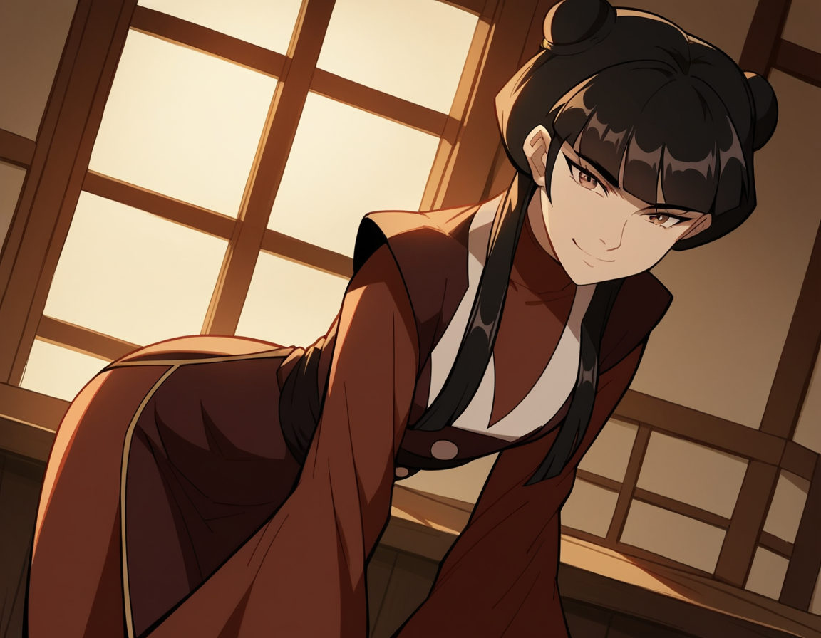 score_9, score_8_up, score_7_up, source_anime, <lora:mai-book2-ponyxl-lora-nochekaiser:1>, mai, sidelocks, long hair, black hair, lunt bangs, hair bun, double bun,, chinese clothes, turtleneck, long sleeves, wide sleeves,, indoors, bent over, smile, looking at viewer, solo, cowboy shot, dutch angle