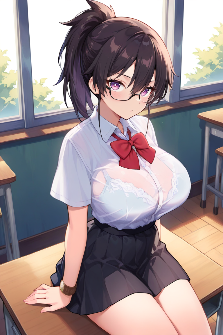 Masterpiece, source_anime,  ,1girl, skirt, breasts, glasses, red bowtie, desk, shirt, bowtie, red bow, bow, sitting, pleated skirt, bra visible through clothes, white shirt, black hair, black skirt, solo focus, short sleeves, purple eyes, looking at viewer, ponytail, collared shirt, window, see-through, indoors, school desk, on desk, classroom, , sitting on desk