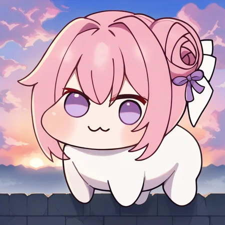 score_9, score_8_up, score_7_up, source_anime, BREAK solo, <lora:FE3H-S-Rank-pdxl_Fp:1>, sky, cloud, sunset, <lora:Doro_X_PDXL_V1:1>, doro, creature, :3, chibi, pink hair, purple eyes, hair bun, hair bow, four legs