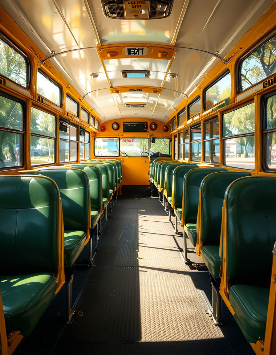 The interior of a classic yellow school bus, captured in a clean and well-maintained state. Long rows of simple green vinyl seats line both sides of a narrow aisle, slightly worn from regular use. The perspective is from the front of the bus, looking toward the back, with a clear view of the seats and the metal handrails on top of each row. Sunlight streams in through the large rectangular windows on both sides, creating soft reflections on the seats and a warm glow inside. The floor is textured black rubber, with faint signs of foot traffic. The atmosphere feels quiet and inviting, with no students present, giving a peaceful and slightly nostalgic vibe. The style is photorealistic, highlighting the details of the seat stitching, window latches, and the subtle reflections of light on surfaces. The background includes the driverâs area partially visible, with the steering wheel and dashboard controls adding to the authenticity.
<lora:SDXLFaeTastic2400:0.4> <lora:extremely_detailed:0.4> extremely detailed, <lora:sch00l_bus:1>,sch00l bus, Masterpiece,best quality,hi res,8k,hi res,8k,award winning,(sharp focus, intricate, highly detailed),