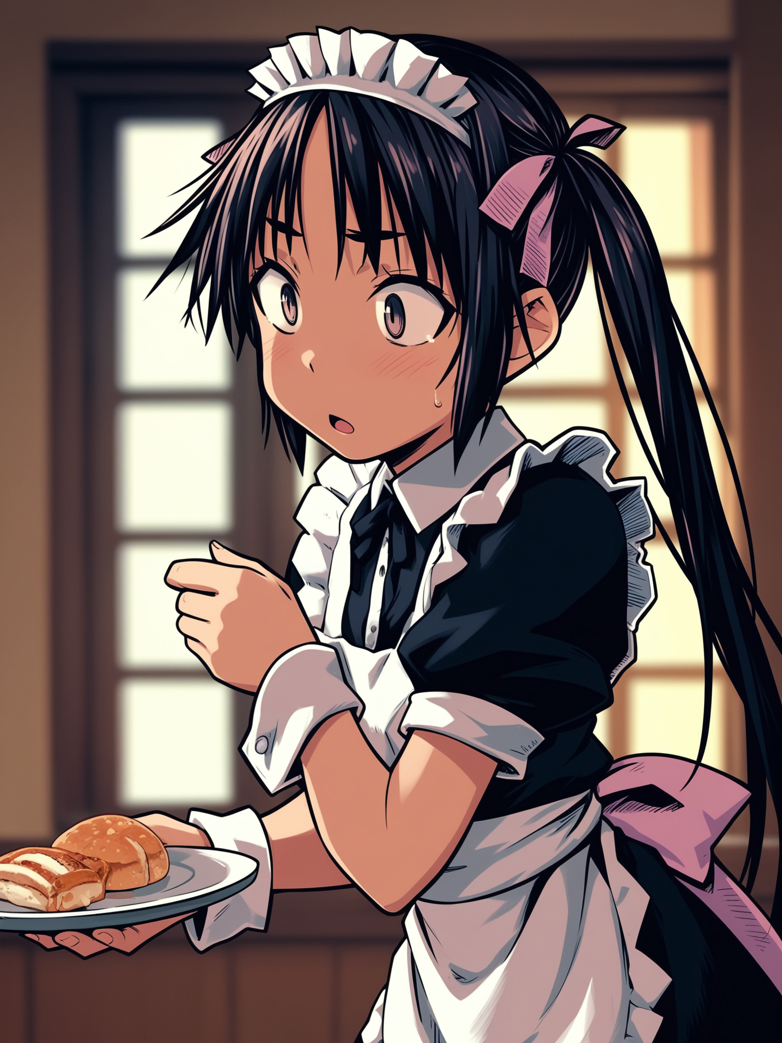 <lora:happy_tentacle-hinata-v0.1-000060:1>, ht_hinata, maid, maid headdress, thighhighs, twintails, apron, wrist cuffs , indoors 1girl, solo, upper body , wide-eyed , ( flustered :1), , looking away , standing , from side , score_9, score_8_up, score_7_up, score_6_up, score_5_up, score_4_up