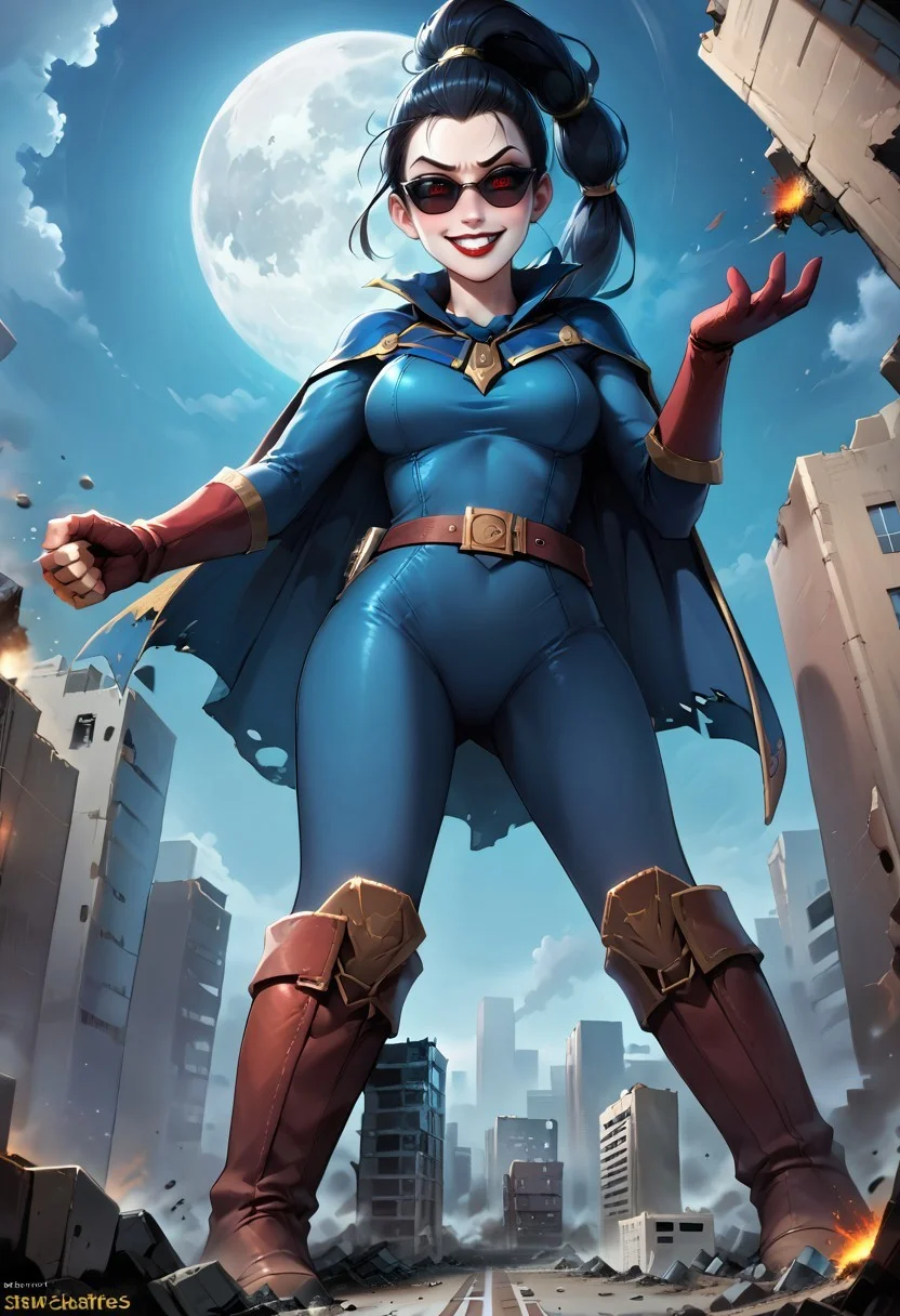safe_pos, vayne, 1girl, moon, solo, black hair, long hair, night, bodysuit, full moon, breasts,sunglasses, holding, ponytail, cape, parted lips, blue bodysuit, smile, belt, red lips, gloves, medium breasts, boots, mega size, BREAK evil grin, blushing, horny, aroused, extremely detailed CG unity 8k wallpaper, best quality,32k,focus sharp, <lora:more_details:0.2>, sharp eyes, detailed eyes, symmetrical eyes, symmetrical face, arm at side, confident, looking at viewer, smile, (smirk:0.6) ((best quality)), ((highly detailed)), masterpiece, ((official art)), (1girl:1.33, solo), full body, narrow eyes, symmetrical eyes, symmetrical face, perfect arms, perfect hands, perfect face, perfect legs, perfect feet, ground view, from below, groundview, low angle, looking down:1.5, looming, perspective:1.3, fisheye:1.3, looking at the ground, <lora:giantess:1>, blue sky, city, giga giantess, gts, standing, leaning over, hunched over, giantess leaning over a cityscape, destruction, rampage, huge craters, ravines, cracks in the ground, earthquake, smoke, fire, destroyed city, ruins, rubble, debris, crumbling, destroyed buildings, knocked over buildings, toppled skyscrapers, crumbling buildings, falling buildings, rampage in the city, destruction in the city, destroyed cityscape, imminent_stomp, tiny people,