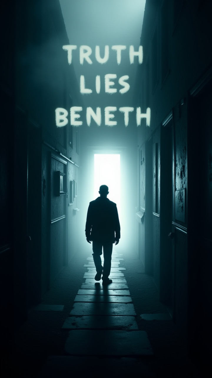 A mysterious movie poster featuring a shadowy figure walking down a foggy alley, where the fog swirls and spells out "Truth Lies Beneath" as the figure approaches a glowing doorway.  , aidmaTextImprover