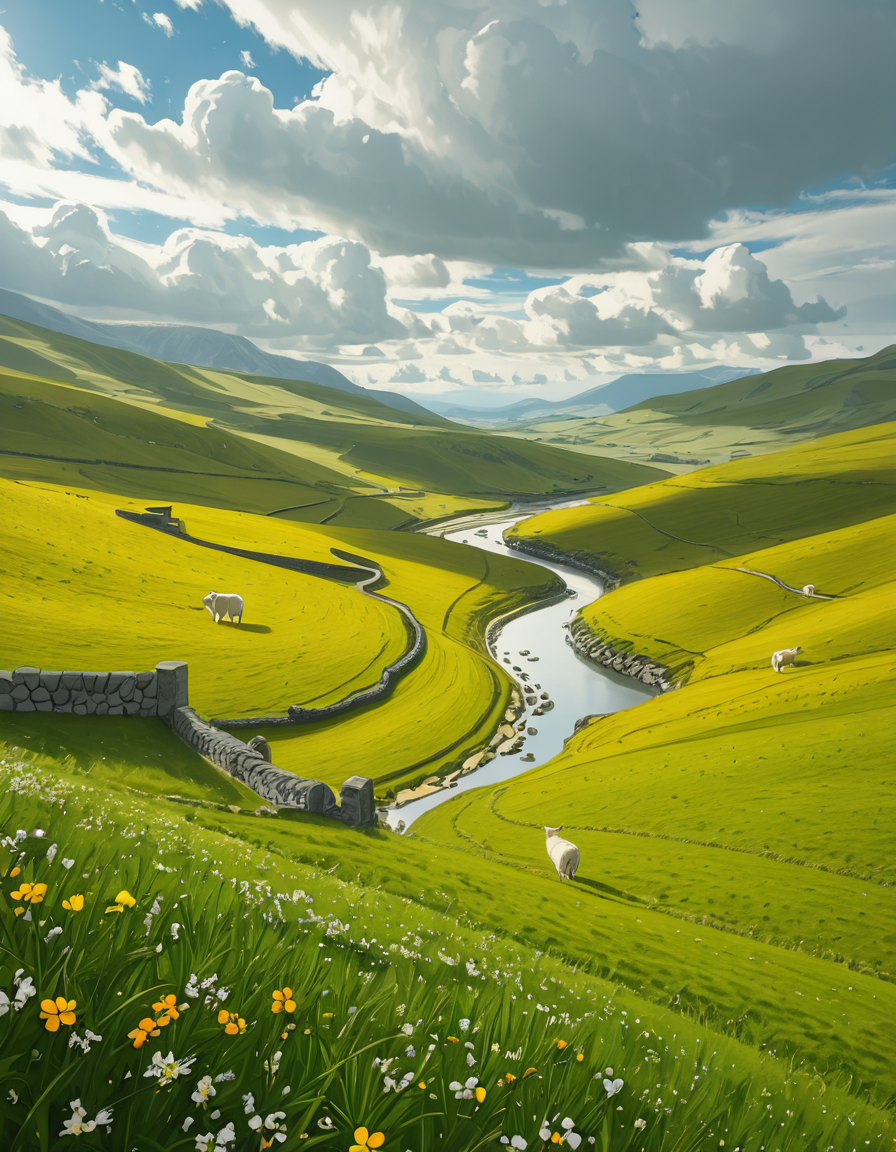 A breathtaking, high-resolution photograph of the rolling plains of Ireland, stretching endlessly under a vast, cloud-streaked sky. The landscape is a lush, vibrant green, with gentle hills covered in soft grass and dotted with scattered wildflowers. Ancient stone walls and winding dirt paths cut through the fields, marking old farmland boundaries. In the distance, a few solitary sheep graze peacefully, their white wool contrasting against the emerald grass. A small, clear river meanders through the valley, reflecting the soft light of the sky. The horizon is framed by low, misty mountains, adding depth and mystery to the scene. Above, the sky is a mix of bright blue and fluffy white clouds, casting dynamic shadows across the landscape as beams of sunlight break through. The atmosphere is serene, timeless, and rich with the natural beauty of the Irish countryside.
<lora:SDXLFaeTastic2400:0.4> <lora:extremely_detailed:0.4> extremely detailed,rolling plains of 1r3l4nd, <lora:rolling_plains_of_1r3l4nd-i:1>, Masterpiece,best quality,hi res,8k,hi res,8k,award winning,(sharp focus, intricate, highly detailed),