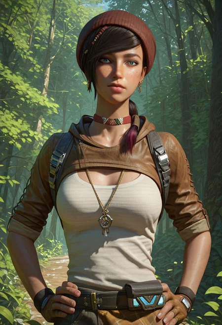 Score_9_up, score_8_up, score_7_up, 1girl, solo, kaitdgow, black hair, short hair, ponytail, freckles, beanie, jacket, tanktop, plaid shirt around waist, belt, jewelry, earrings, fingerless gloves, choker, hair on shoulder, hands on hip, forest, sunrays, Expressiveh