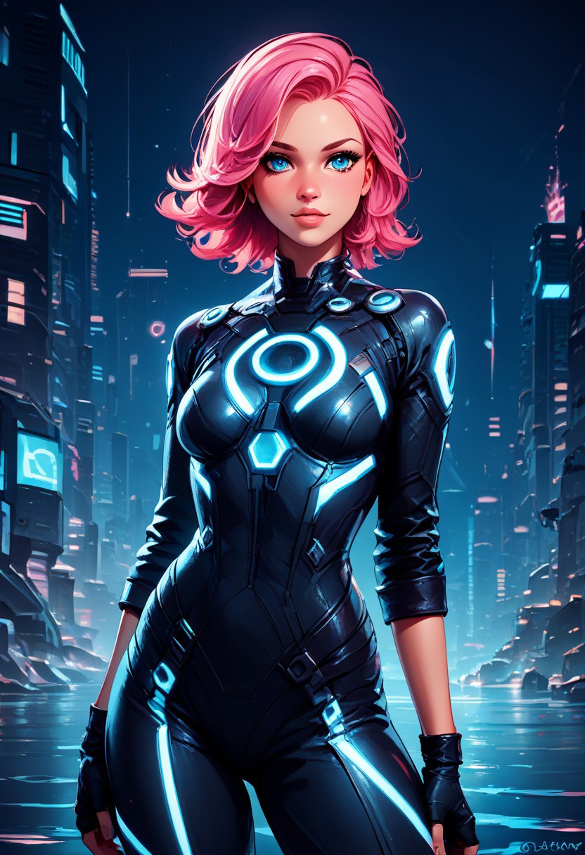 score_9, score_8_up, score_8, medium breasts, (curvy), 
zzCitronLegacy, 1girl, solo, breasts, looking at viewer, long hair, blue eyes, pink hair, gloves, fingerless gloves, medium hair, lips, bodysuit, neon glow, 
city, night, 
zPDXL, Expressiveh