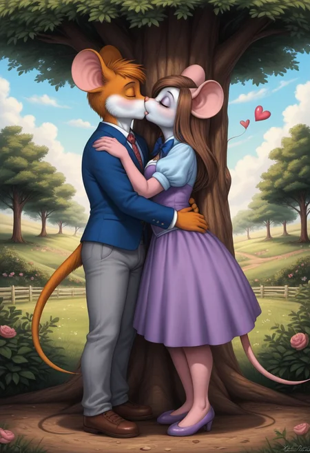 anthropomorphic male mouse embracing anthropomorphic female mouse, heart, love, kissing, detailed background, under a tree, standing