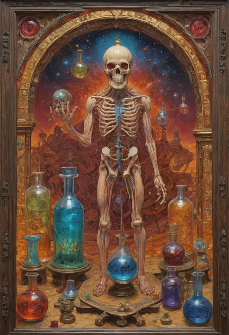 (art by Eduard Wilhelm Pose and Master of the Holy Blood and Ivan Bilibin:1.1), symmetry and balance, detailed, FastNegativeV2, ral-dissolve,Completely (James Ensor,Unica Zurn,Zdzislaw Beksinki:1.25), Paranormal, Apparition, intricate, oil on canvas, (surrealism:1.1), detailed, FastNegativeV2, amazing quality, masterpiece, best quality, hyper detailed, ultra detailed, UHD, perfect anatomy, (Award winning, masterpiece), alchemist, glass vial, flasks, vibrant colors, iridescent, alchemist laboratory, laboratory glassware, (philosopher's stone)