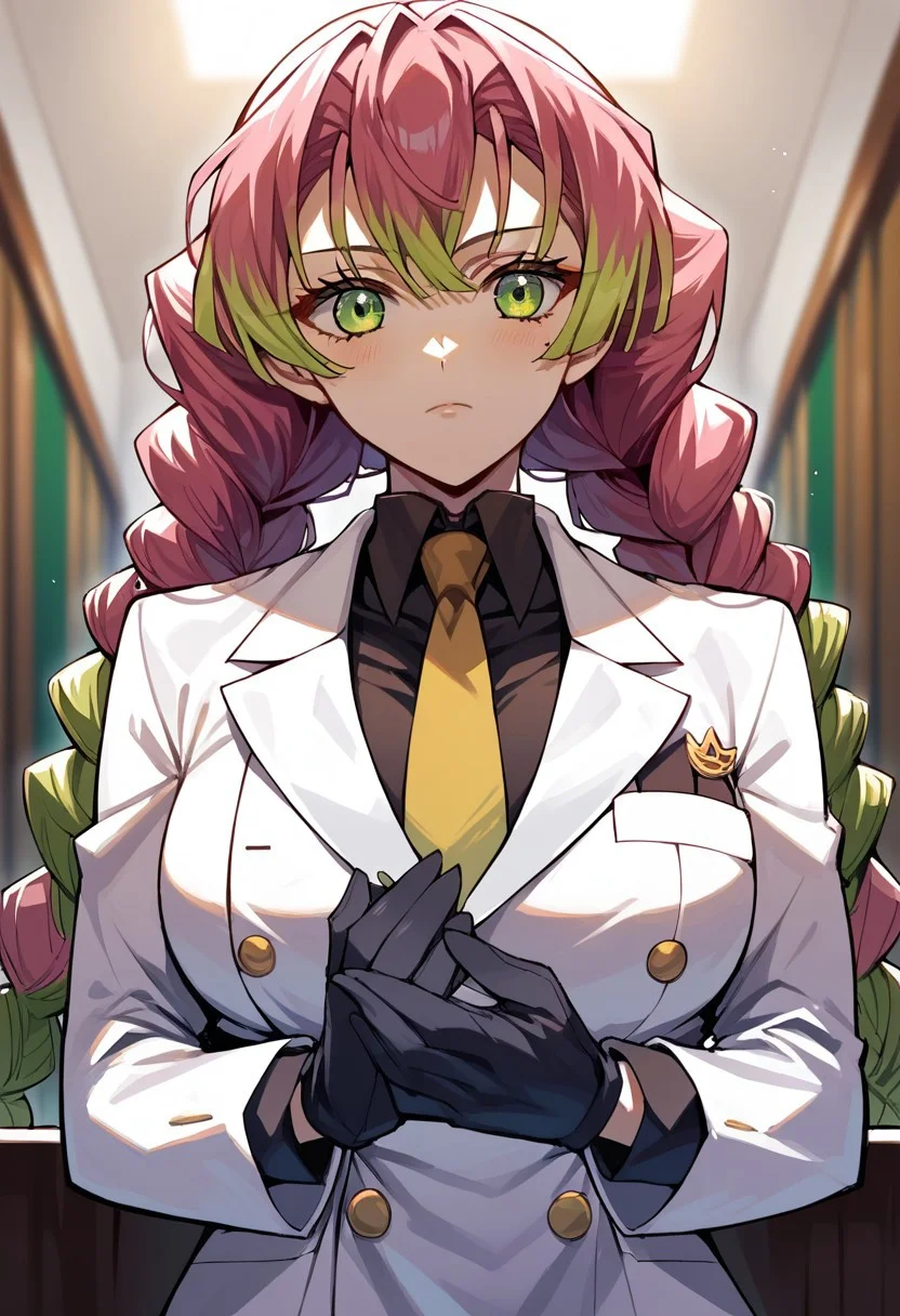 score_9, score_8_up, score_7_up, source_anime, hi res, masterpiece, best quality, highres, kanroji-mitsuri, green eyes, multicolored hair, twin_braids, double-breasted suits, female focus, 1girl, necktie, gloves, formal, solo, looking at viewer, yellow necktie, black gloves, suit, upper body, black shirt, indoors, shirt, large breast, blurry, jacket, collared shirt, long sleeves, beckoning, closed mouth, Metanoia_PS