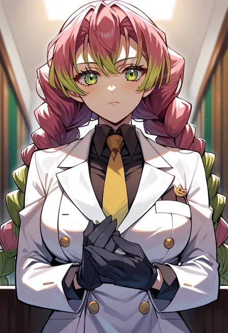 score_9, score_8_up, score_7_up, source_anime, hi res, masterpiece, best quality, highres, kanroji-mitsuri, green eyes, multicolored hair, twin_braids, double-breasted suits, female focus, 1girl, necktie, gloves, formal, solo, looking at viewer, yellow necktie, black gloves, suit, upper body, black shirt, indoors, shirt, large breast, blurry, jacket, collared shirt, long sleeves, beckoning, closed mouth, Metanoia_PS
