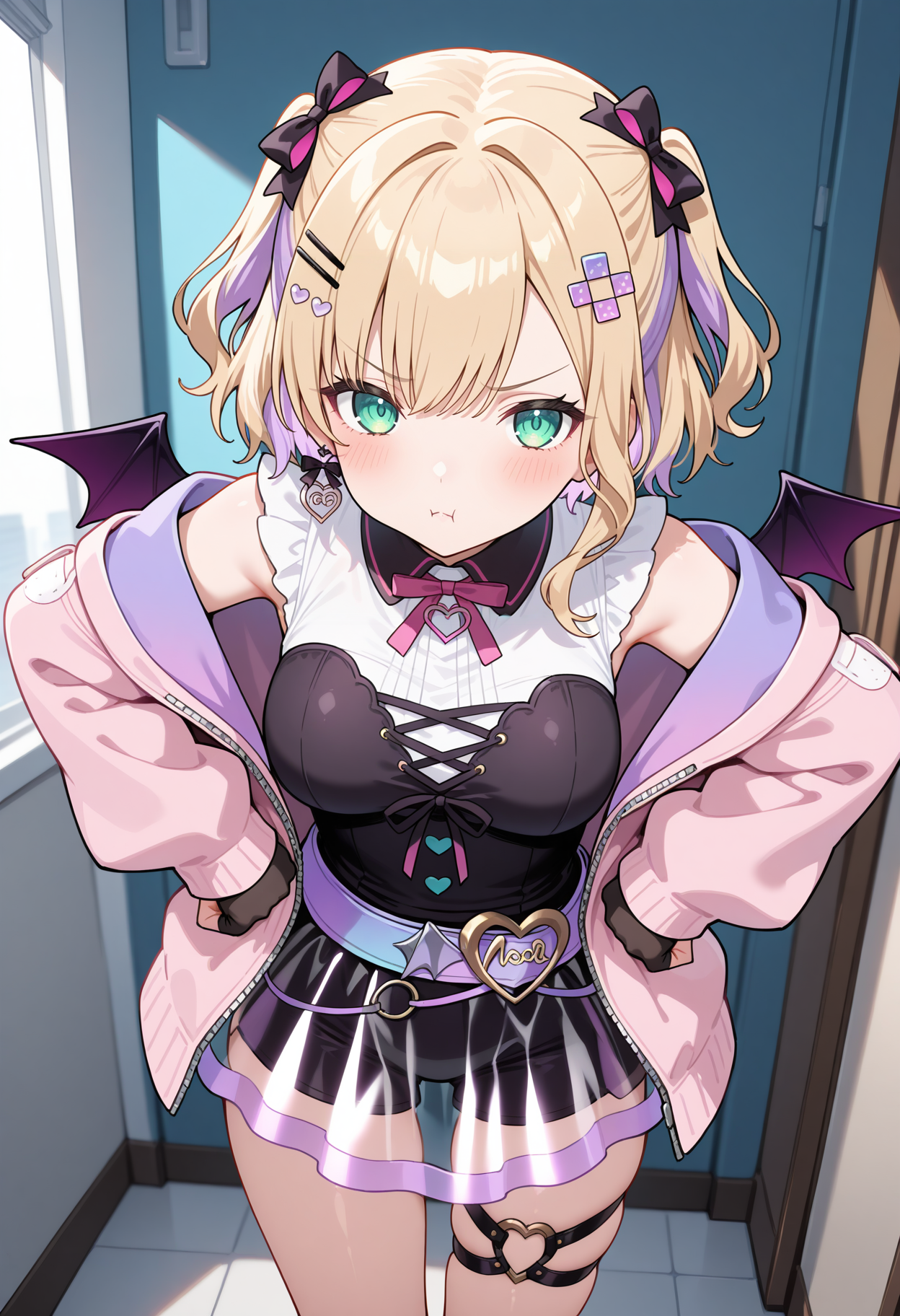 noah1, short hair, blonde hair, purple hair, two side up, hair bow, hairclip, hair ornament, green eyes, demon wings, breasts, neck ribbon, sleeveless shirt, pink jacket, fingerless gloves, black gloves, belt, see-through skirt, thigh strap, <lora:kurumi_noah_ilxl_v1:0.9>, standing, cowboy shot, hands on own hips, pout, indoors,
ultra-detailed, masterpiece, newest, best quality