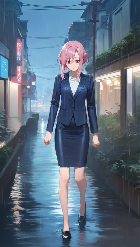 score_9,score_8_up,score_7_up,
<lora:yoshinokoharu:0.8>,
yoshinokoharu,
1girl,solo,
pink hair,short hair,bangs,
red eyes,looking down, furrowed brow,
blue blazer,white shirt,blue pencil skirt,wet hair,wet dress,
black shoes,
full body,walking,
outdoors,cityscape,night,light particles,downtown,rain,