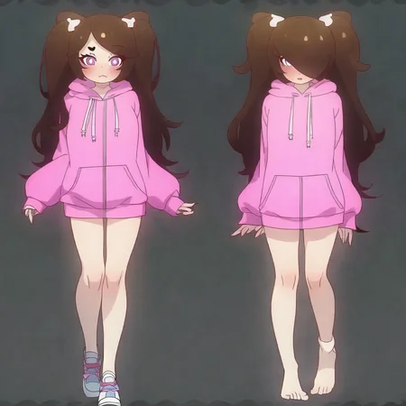 manyakis art style, a masterpiece cartoon of a girl posing, masterpiece, best quality, studio quality, full body, brown hair, heart pupils, hoodie,