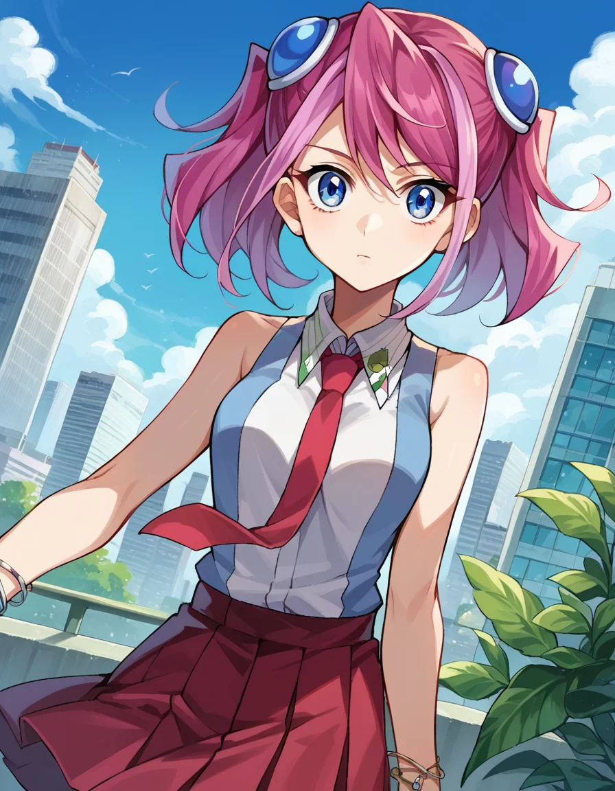 score_9, score_8_up, score_7_up, source_anime,
yuzuhiiragi, <lora:yuzu-hiiragi-ponyxl-lora-nochekaiser:1>,
yuzu hiiragi, blue eyes, hair ornament, medium hair, multicolored hair, pink hair, red hair, streaked hair, twintails,
bare arms, bracelet, collared shirt, jewelry, necktie, pleated skirt, red necktie, red skirt, shirt, skirt, sleeveless, sleeveless shirt, wing collar, two-tone shirt,
outdoors, cityscape,
looking at viewer, cowboy shot, dutch angle,