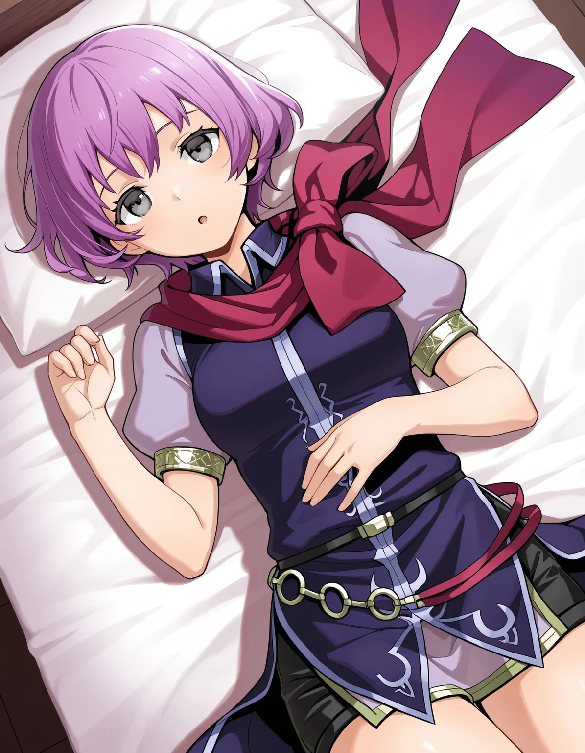 1girl,<lora:katarina feh_illustriousXL:0.8>,katarina feh,purple dress,black belt,o-ring belt,black shorts,cowboy shot,:o,lying,on bed,looking at viewer,from above,dutch angle,masterpiece,best quality,amazing quality,