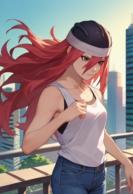 score_9, score_8_up, score_7_up, source_anime, <lora:Tayuya-000012:1> tayuya, red hair, long hair, brown eyes, eyes, tank top, jeans, city, black headwear,